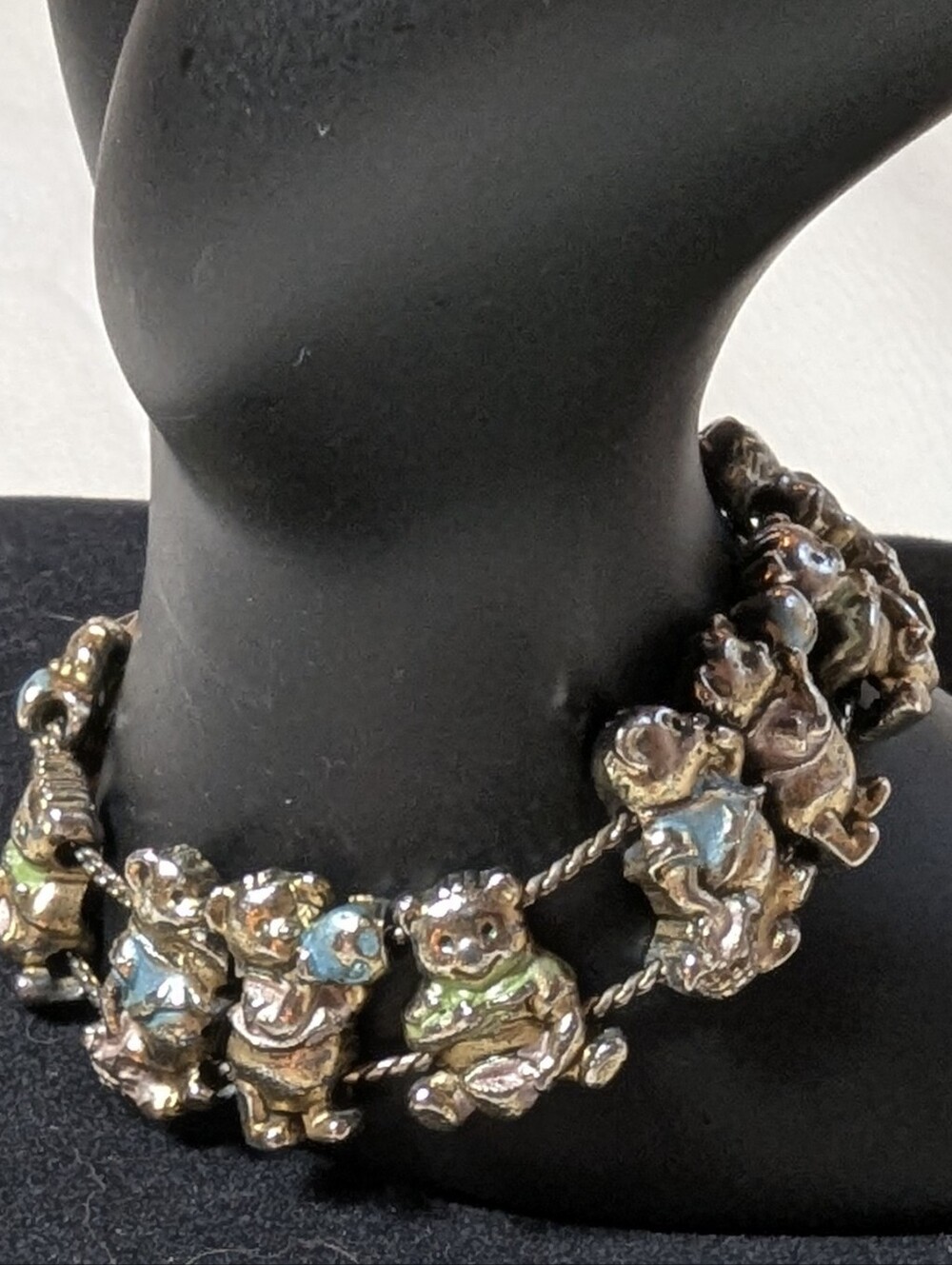 Vintage 1970s Pastel Enamel Teddy Bear Parade Panel Link Bracelet Silver-Tone